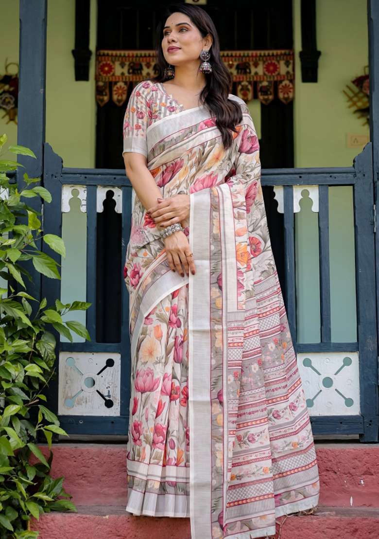 Ivory Printed Cotton Linen Saree Set - Indya