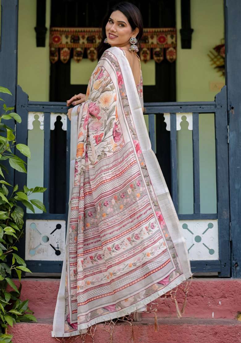 Ivory Printed Cotton Linen Saree Set - Indya