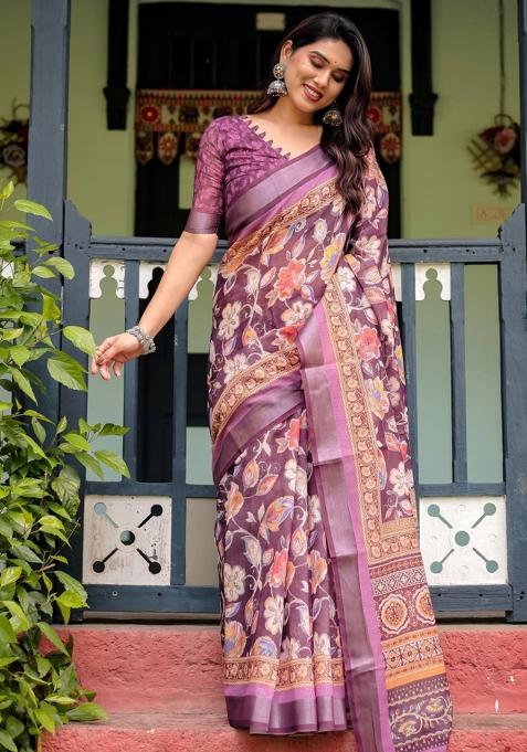Purple Printed Cotton Linen Saree Set