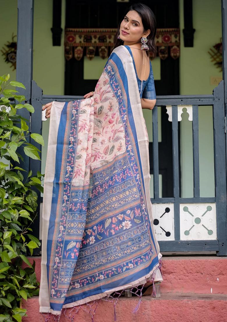 Blue Printed Cotton Linen Saree Set