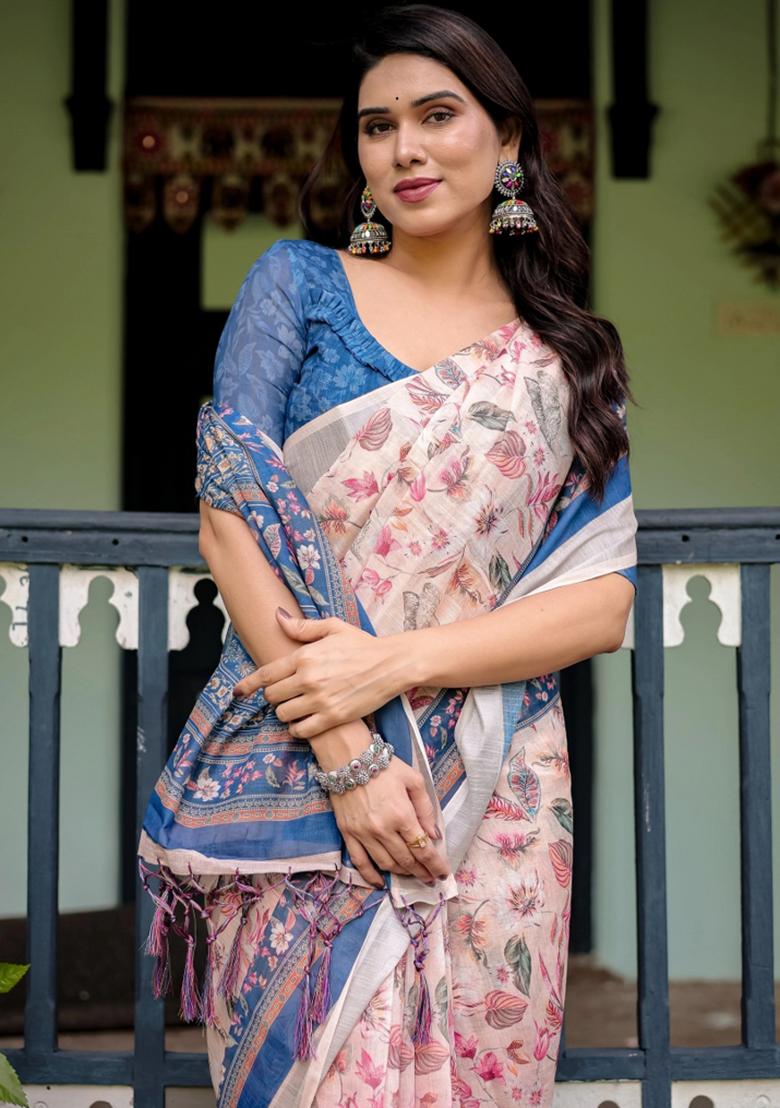 Blue Printed Cotton Linen Saree Set