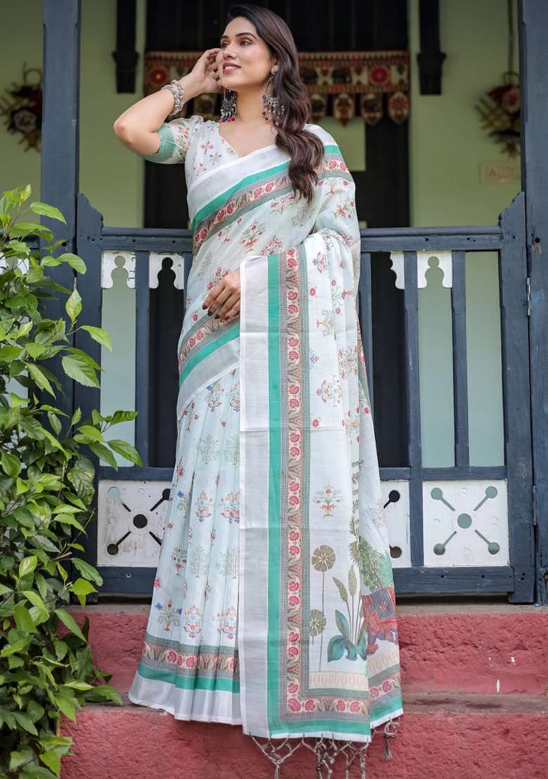 Ivory Printed Cotton Linen Saree Set - Indya