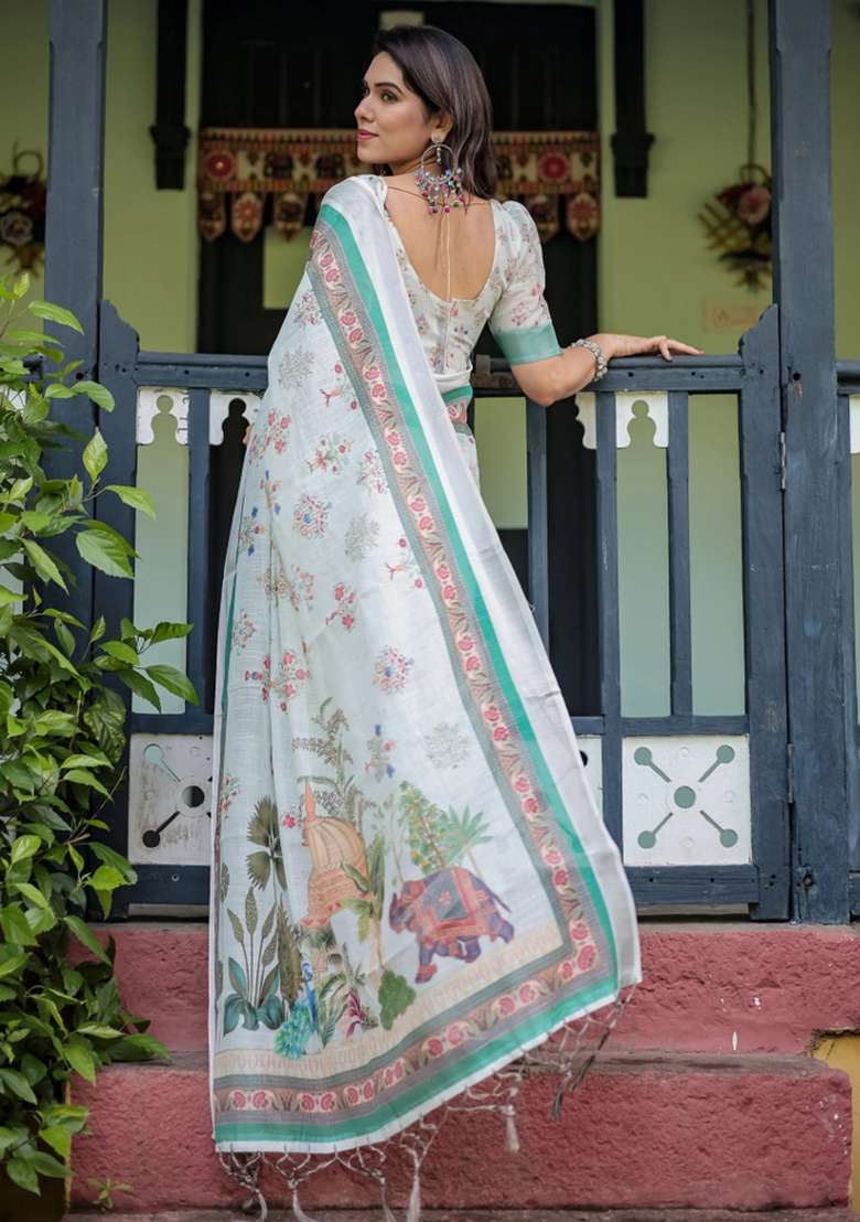 Ivory Printed Cotton Linen Saree Set - Indya