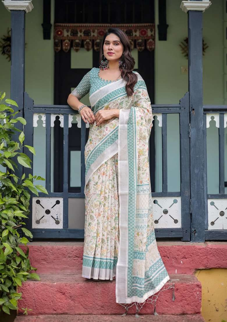 Ivory Printed Cotton Linen Saree Set - Indya