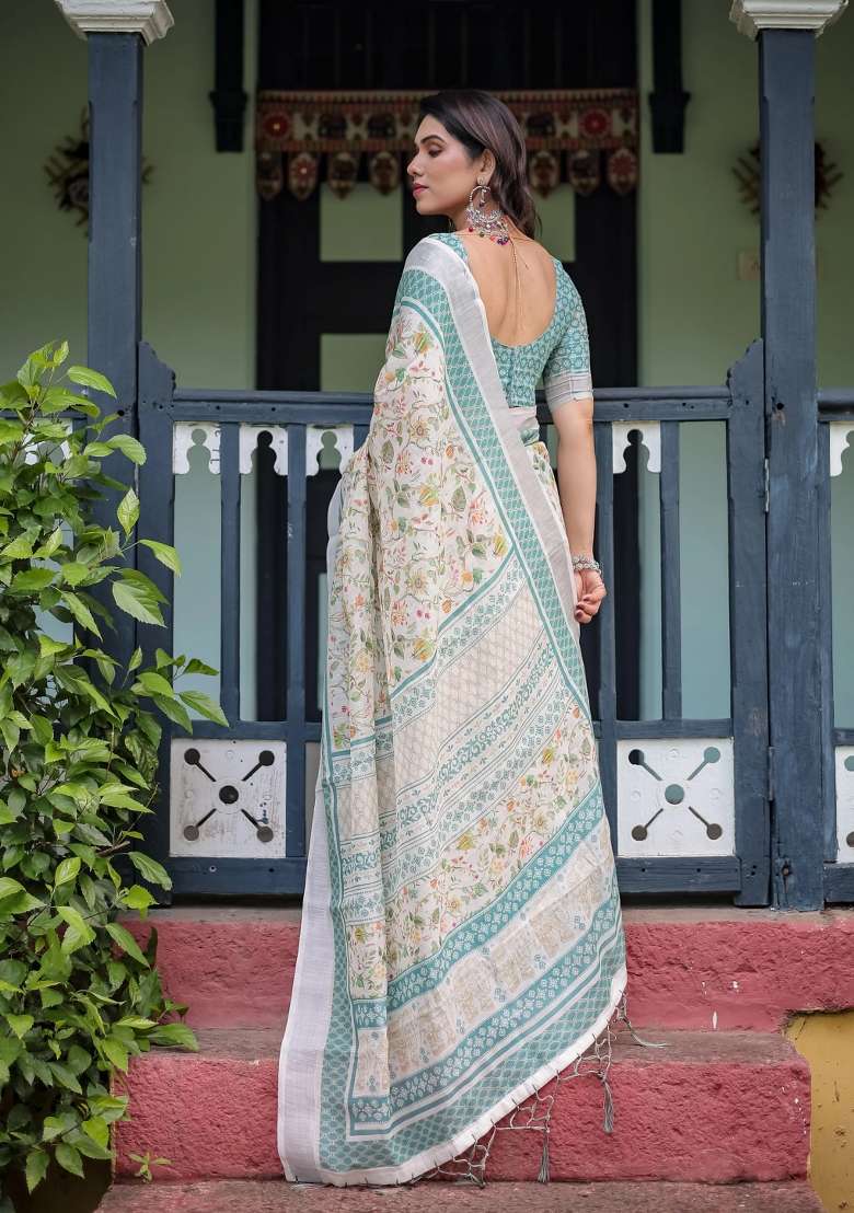 Ivory Printed Cotton Linen Saree Set - Indya