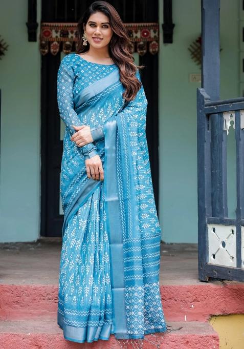 Turquoise Printed Cotton Linen Saree Set