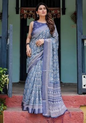 Blue Printed Cotton Linen Saree Set