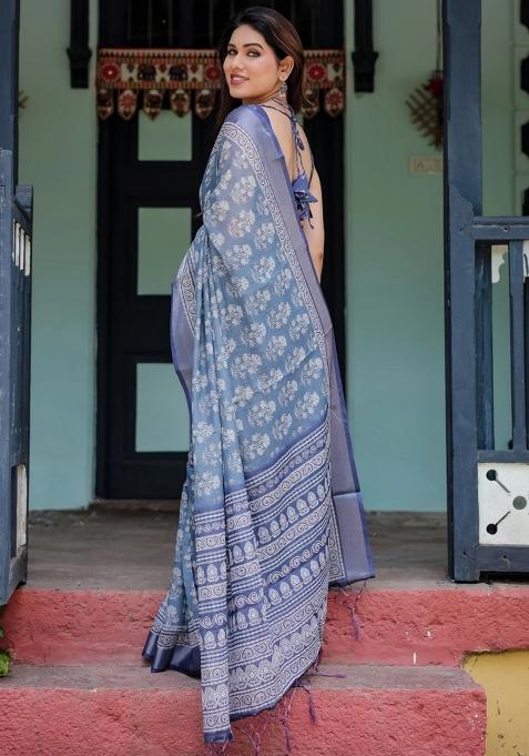 Blue Printed Cotton Linen Saree Set