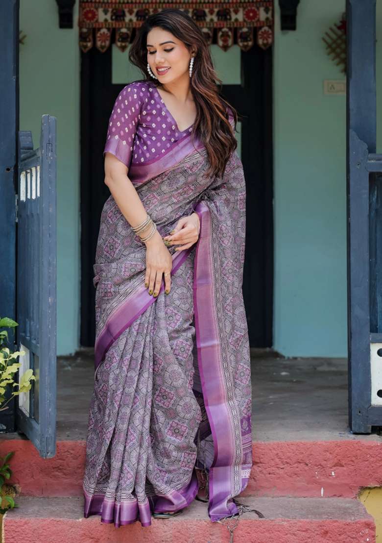 Purple Printed Cotton Linen Saree Set - Indya