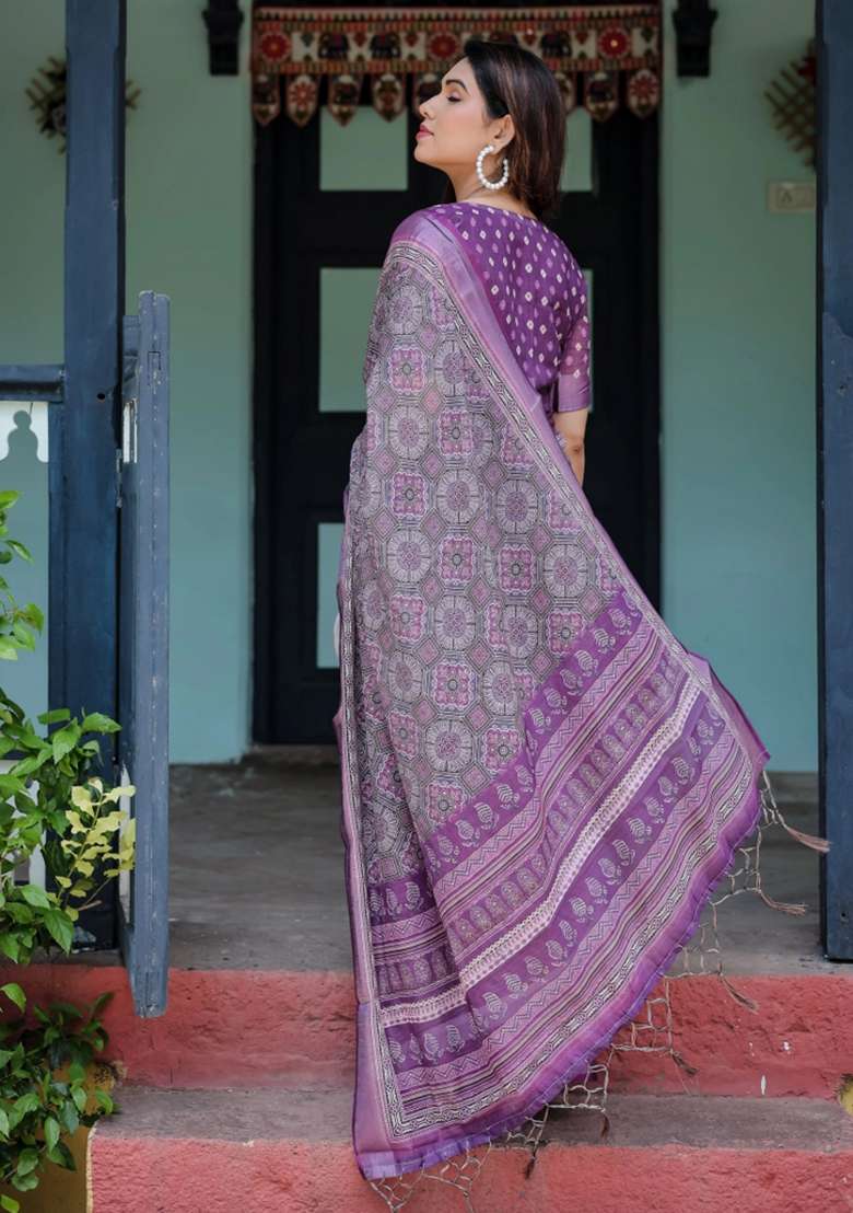 Purple Printed Cotton Linen Saree Set - Indya