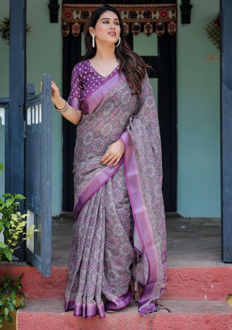 Purple Printed Cotton Linen Saree Set - Indya