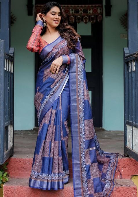 Blue Printed Cotton Linen Saree Set