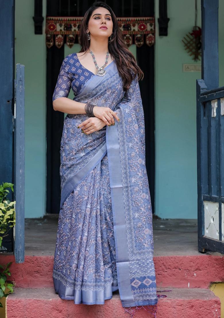 Blue Printed Cotton Linen Saree Set - Indya