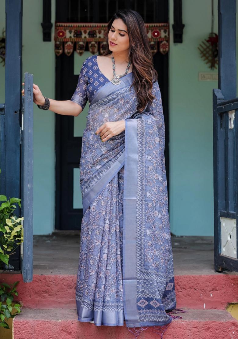 Blue Printed Cotton Linen Saree Set - Indya