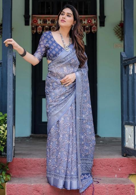 Blue Printed Cotton Linen Saree Set