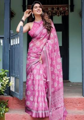Magenta Printed Cotton Linen Saree Set