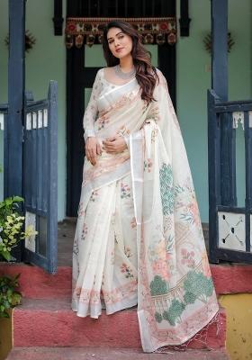 Ivory Printed Cotton Linen Saree Set