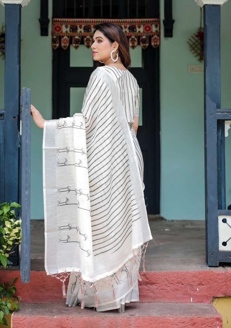 Black Printed Cotton Linen Saree Set - Indya