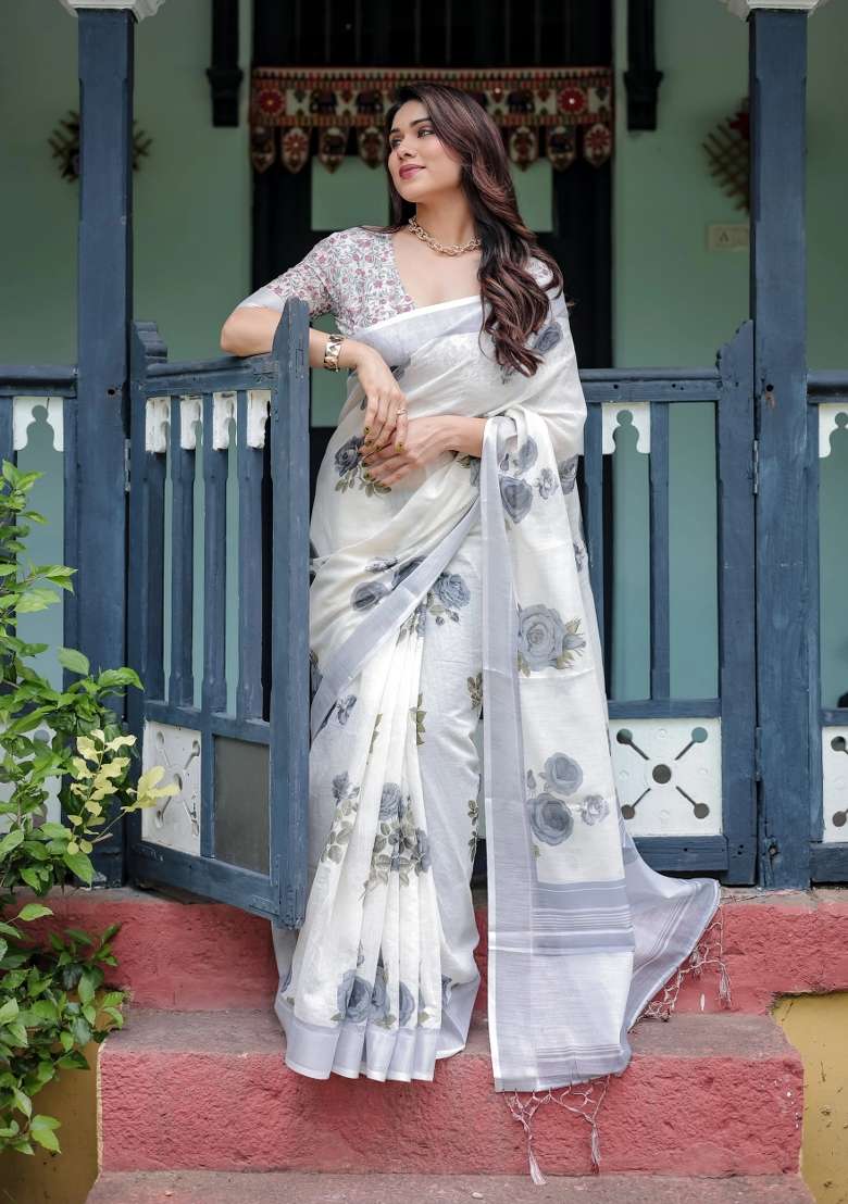 White Printed Cotton Linen Saree Set - Indya