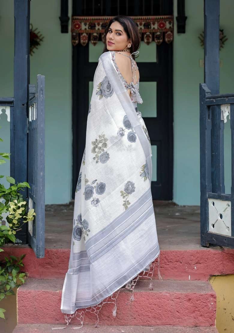 White Printed Cotton Linen Saree Set - Indya