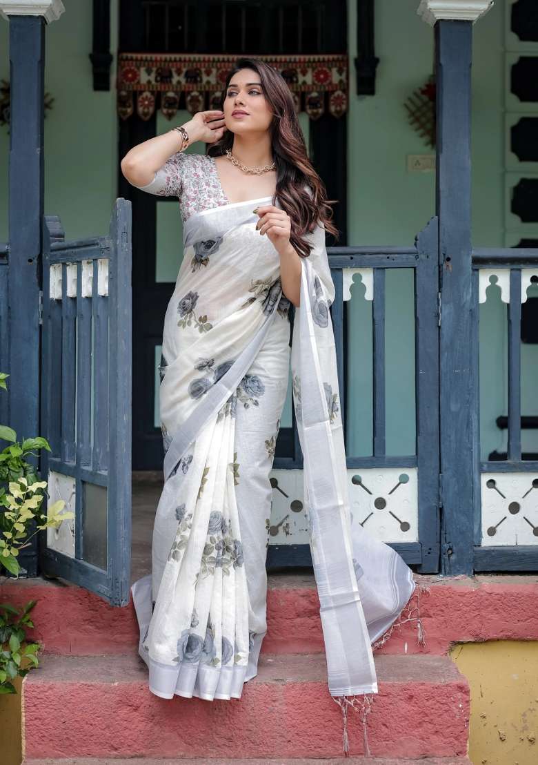 White Printed Cotton Linen Saree Set - Indya