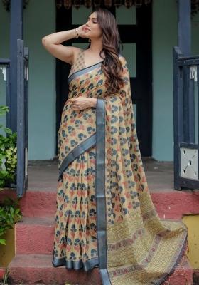 Beige Printed Cotton Linen Saree Set