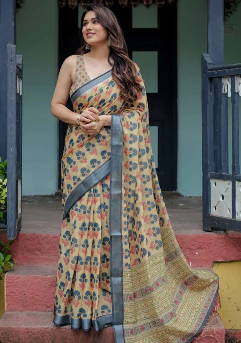Beige Printed Cotton Linen Saree Set - Indya