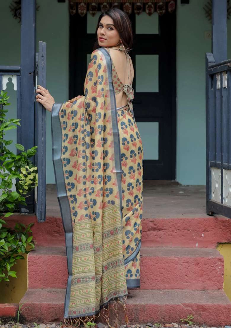 Beige Printed Cotton Linen Saree Set - Indya