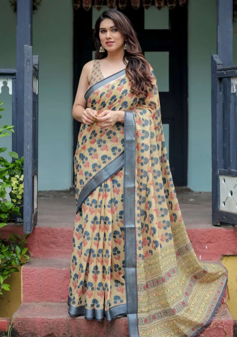 Beige Printed Cotton Linen Saree Set - Indya