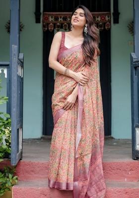 Beige Printed Cotton Linen Saree Set
