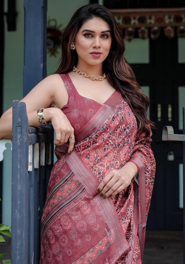 Red Printed Cotton Linen Saree Set