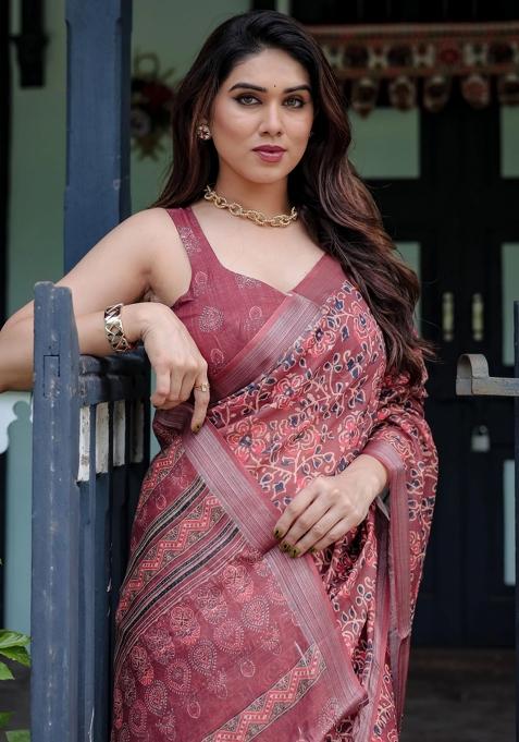 Red Printed Cotton Linen Saree Set