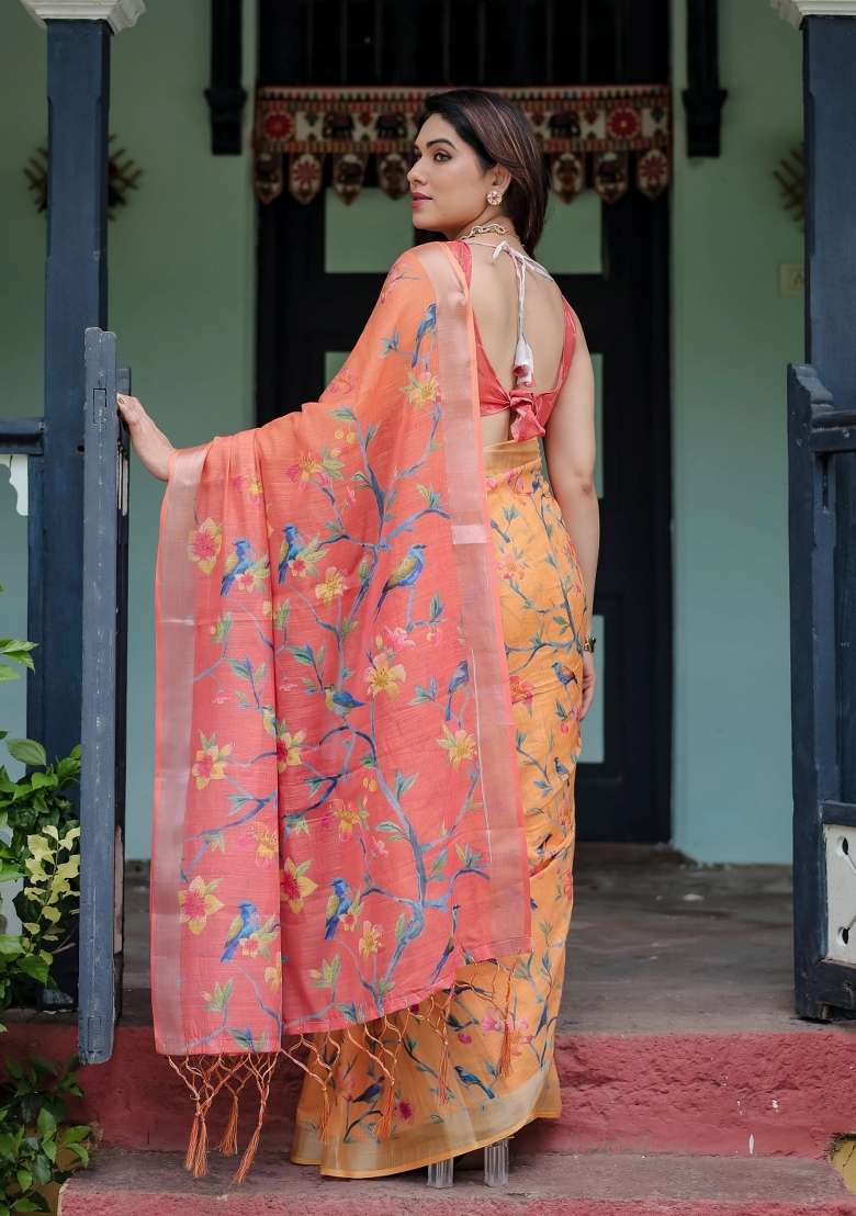 Orange Printed Cotton Linen Saree Set - Indya