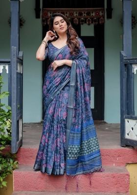 Blue Printed Cotton Linen Saree Set