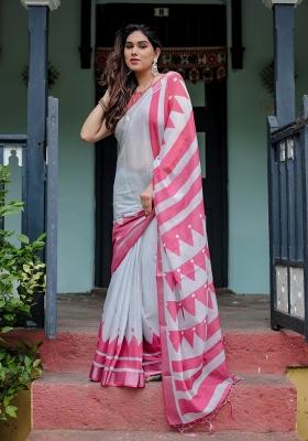 Pink Printed Cotton Linen Saree Set