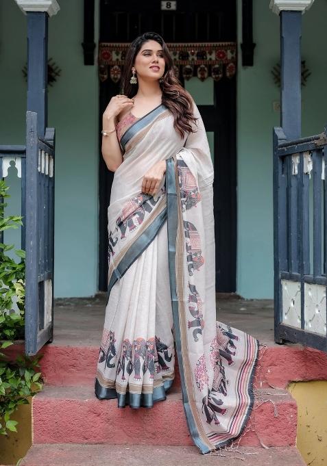 Ivory Printed Cotton Linen Saree Set