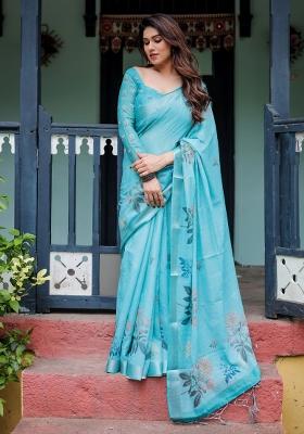 Blue Printed Cotton Linen Saree Set