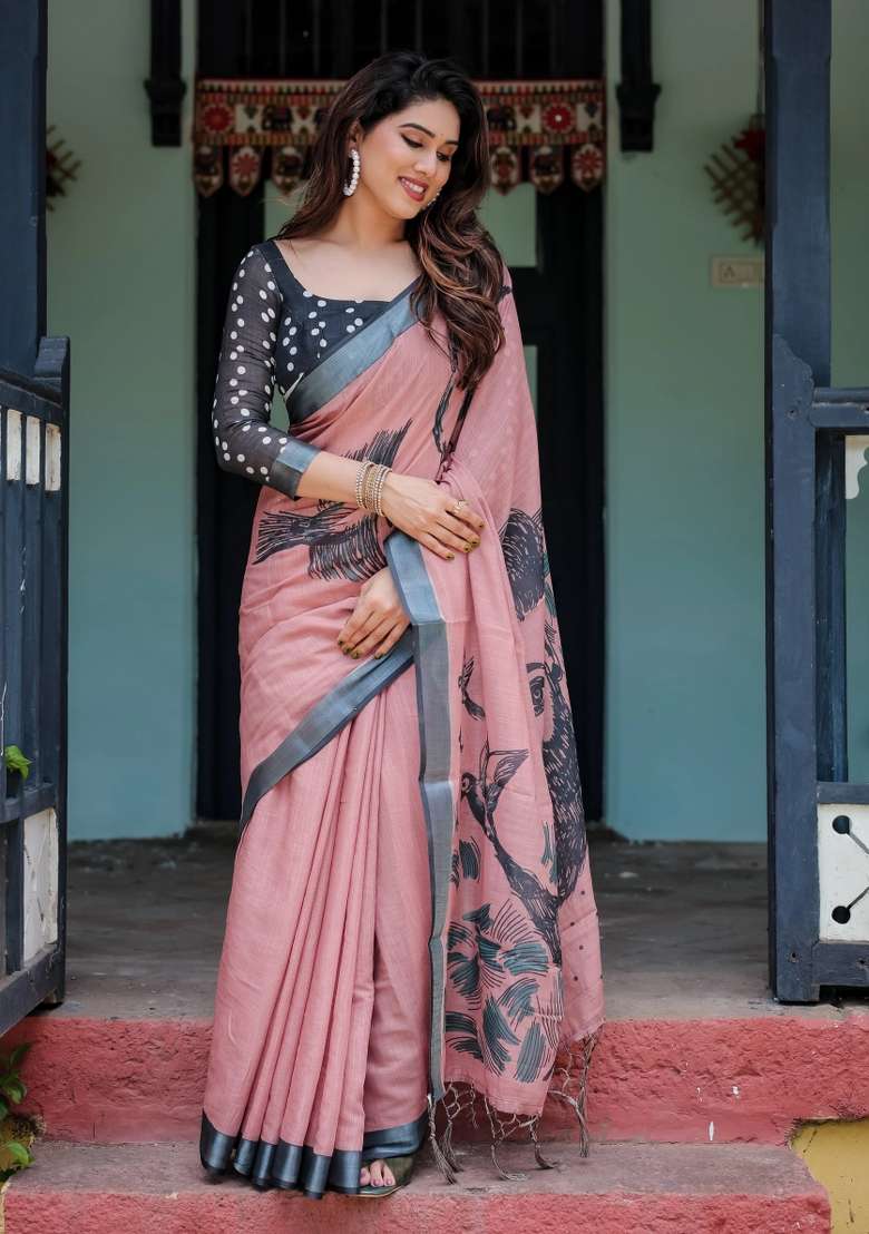 Pink Printed Cotton Linen Saree Set - Indya