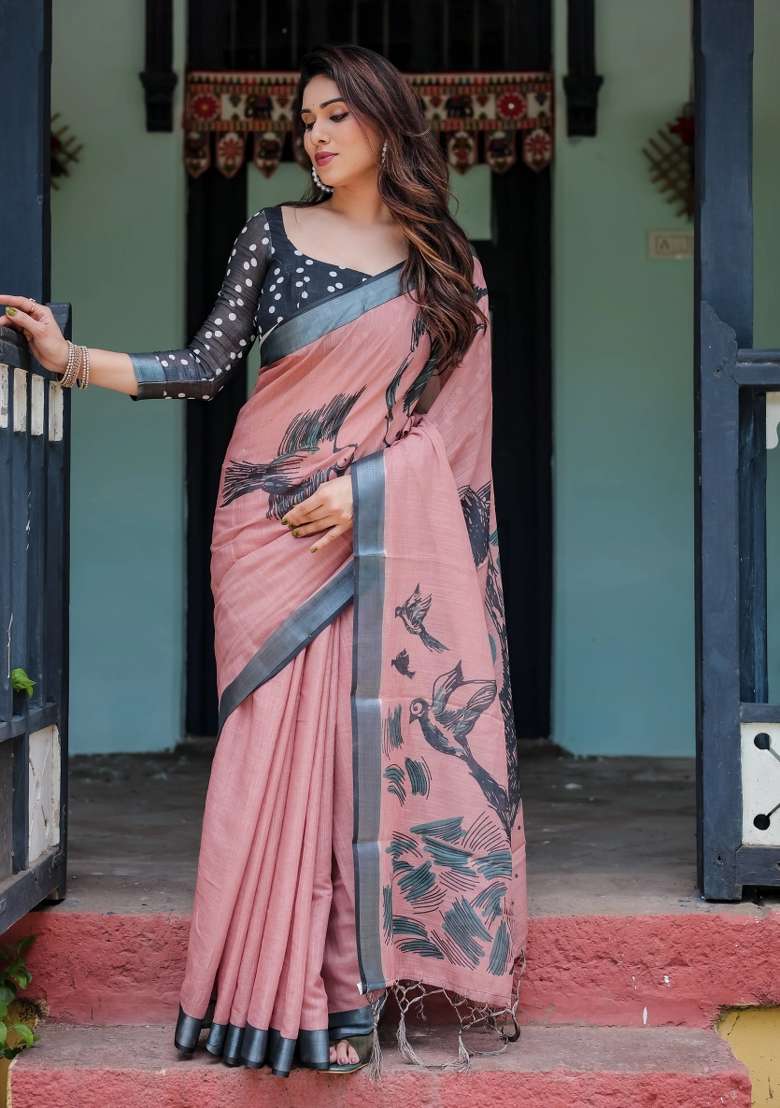 Pink Printed Cotton Linen Saree Set - Indya