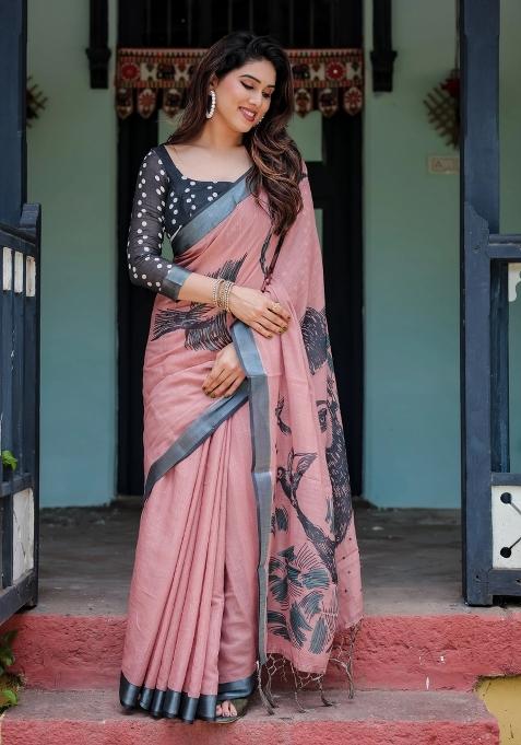 Pink Printed Cotton Linen Saree Set