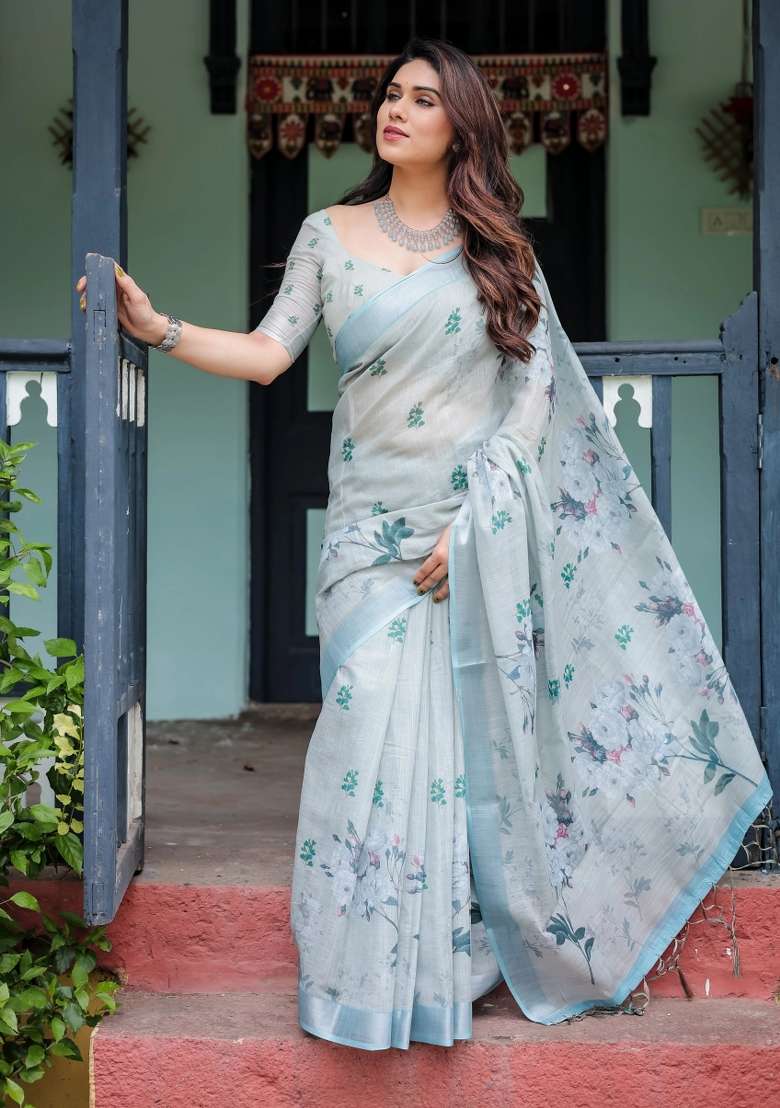 Grey Printed Cotton Linen Saree Set - Indya