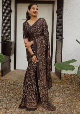Black Printed Cotton Linen Saree Set