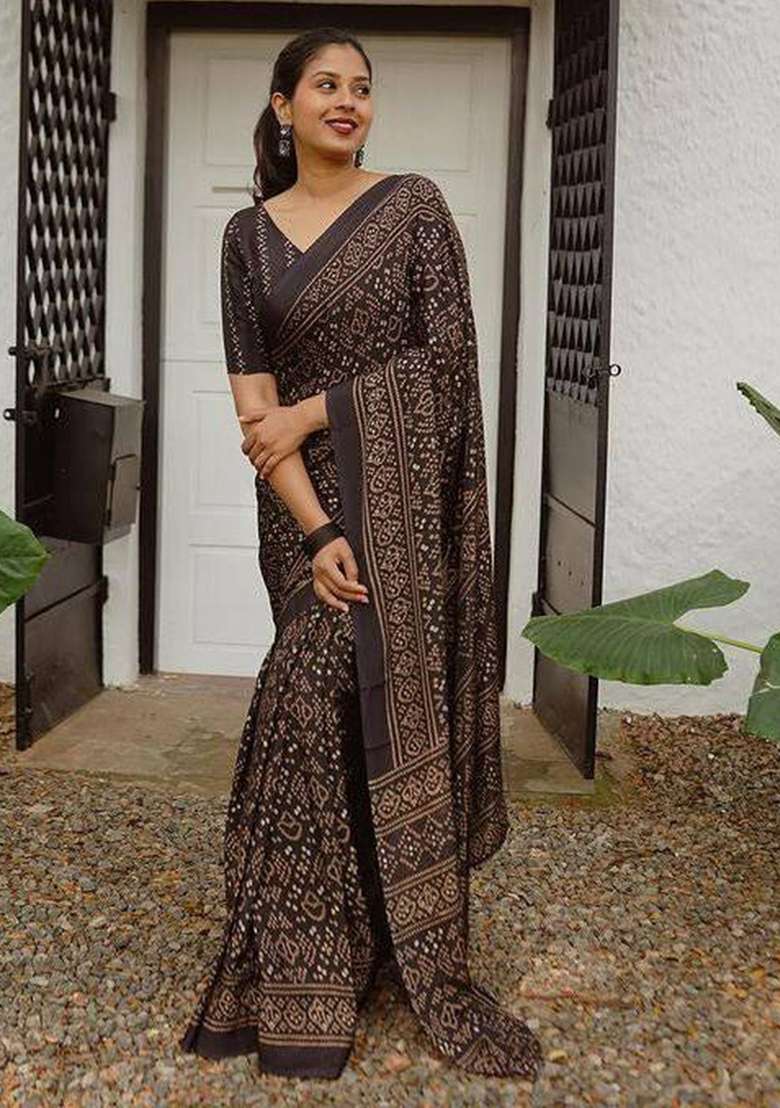 Black Printed Cotton Linen Saree Set - Indya