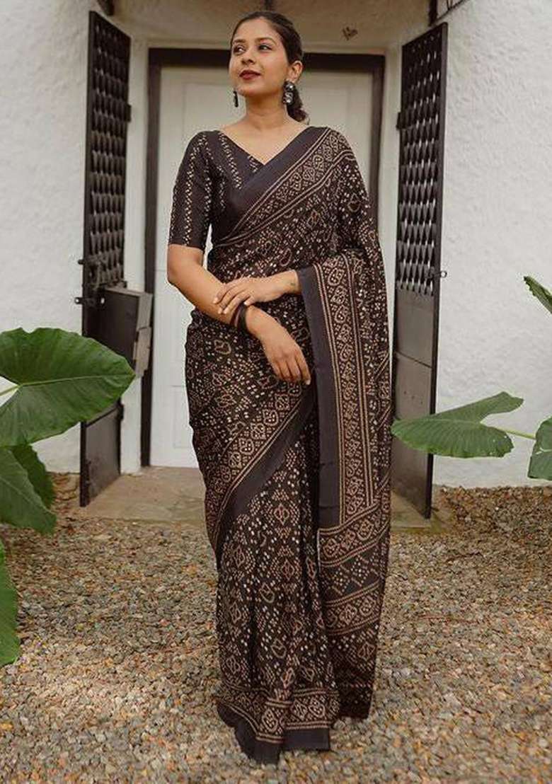 Black Printed Cotton Linen Saree Set - Indya