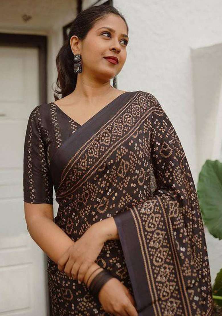 Black Printed Cotton Linen Saree Set - Indya