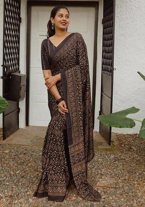 Black Printed Cotton Linen Saree Set