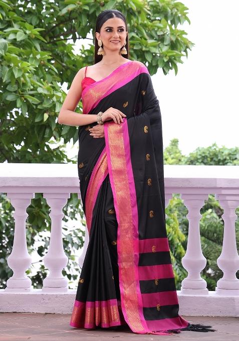 Black Woven Silk Blend Saree Set