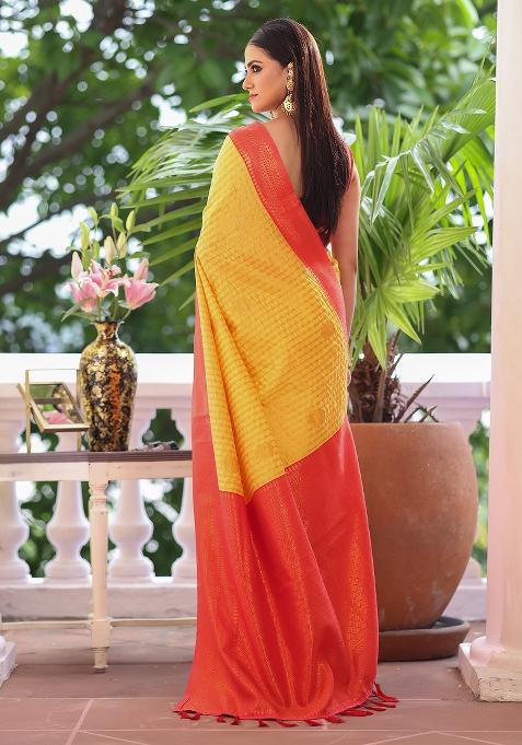 Red Woven Silk Blend Saree Set