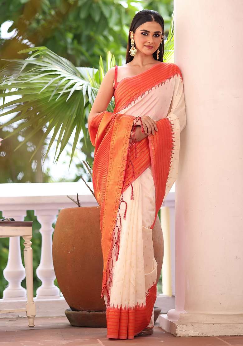 White Woven Silk Blend Saree Set - Indya