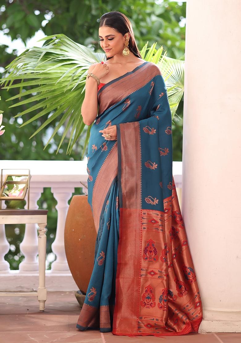 Teal Woven Silk Blend Saree Set